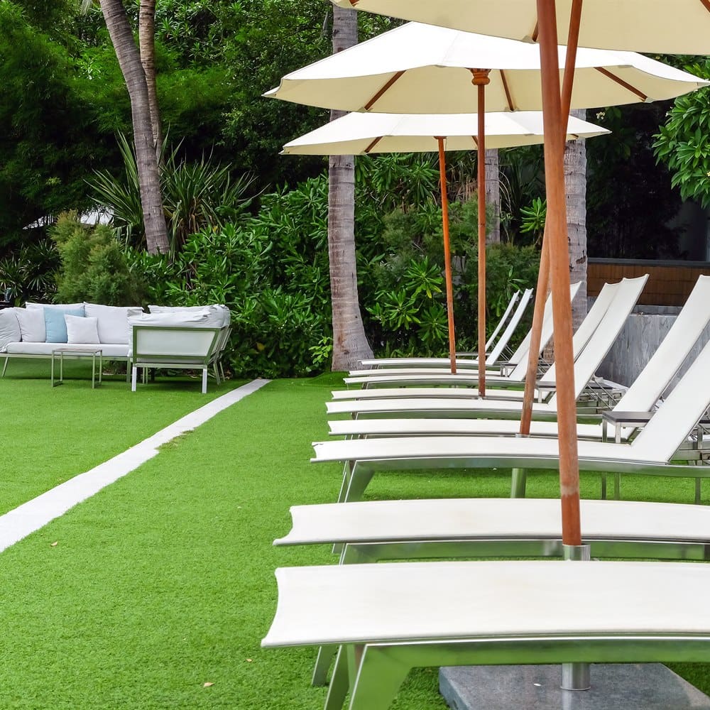 Comfortable lounge chairs by tranquil tropical grey