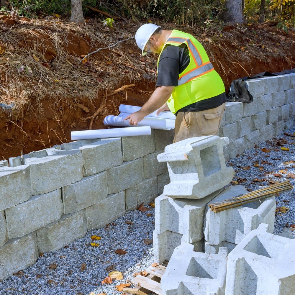 Construction worker building a retaining wall