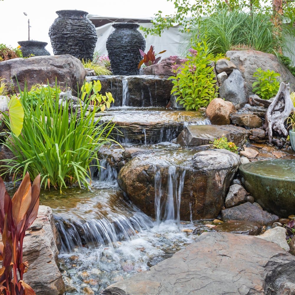 Garden water feature with waterfall