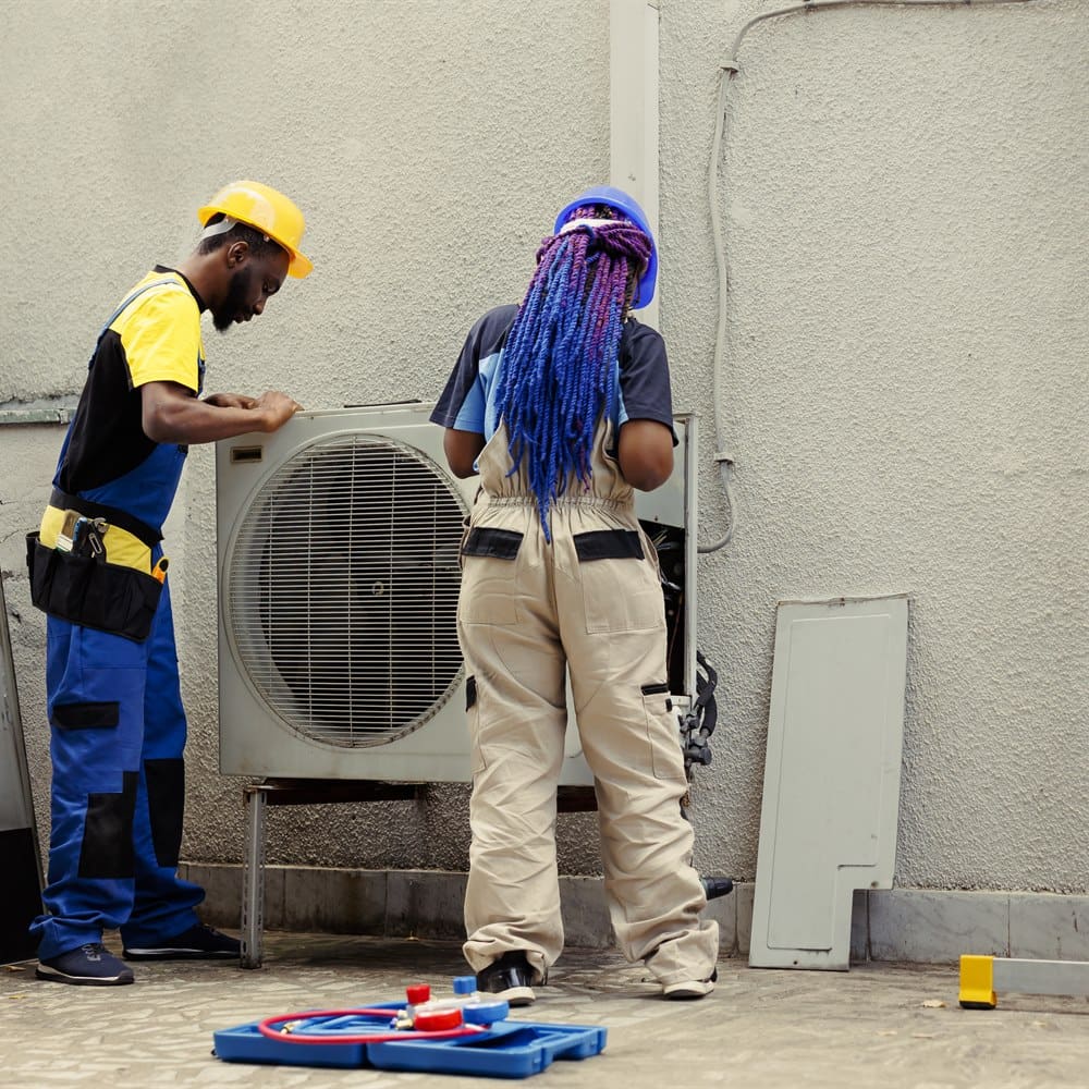 Hvac technicians inspecting an air conditioning