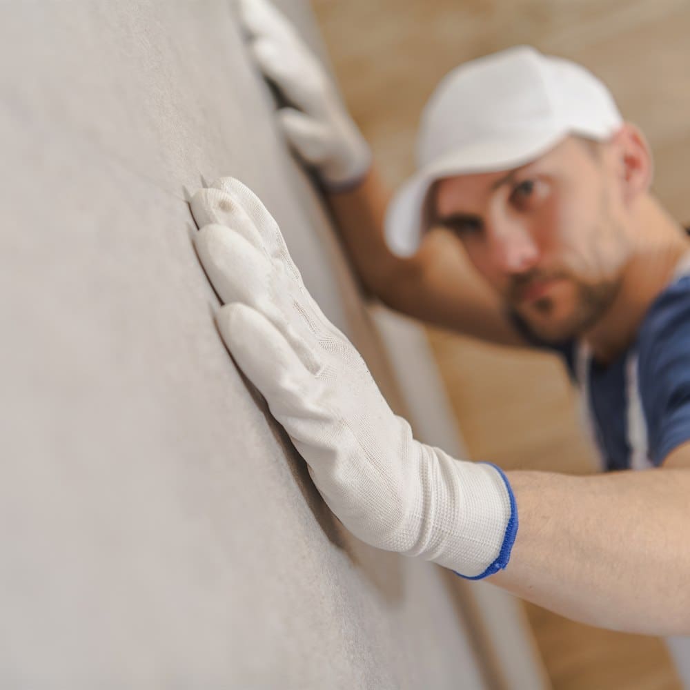 Man fitting a wall panel in a home