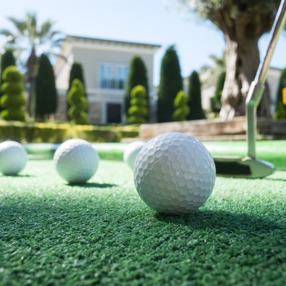 Mini golf balls and putter on artificial turf