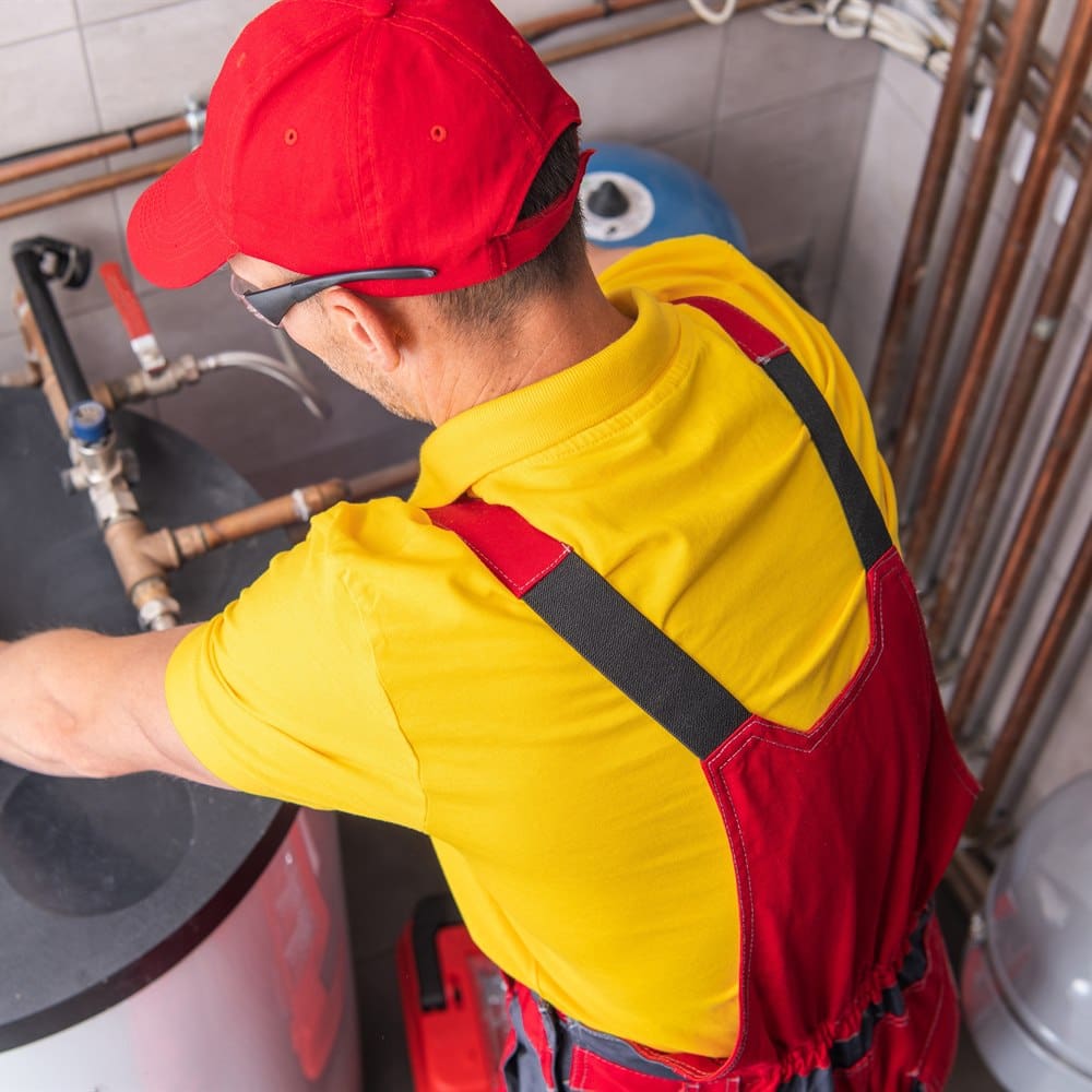 Plumber working on pipe system in boiler room