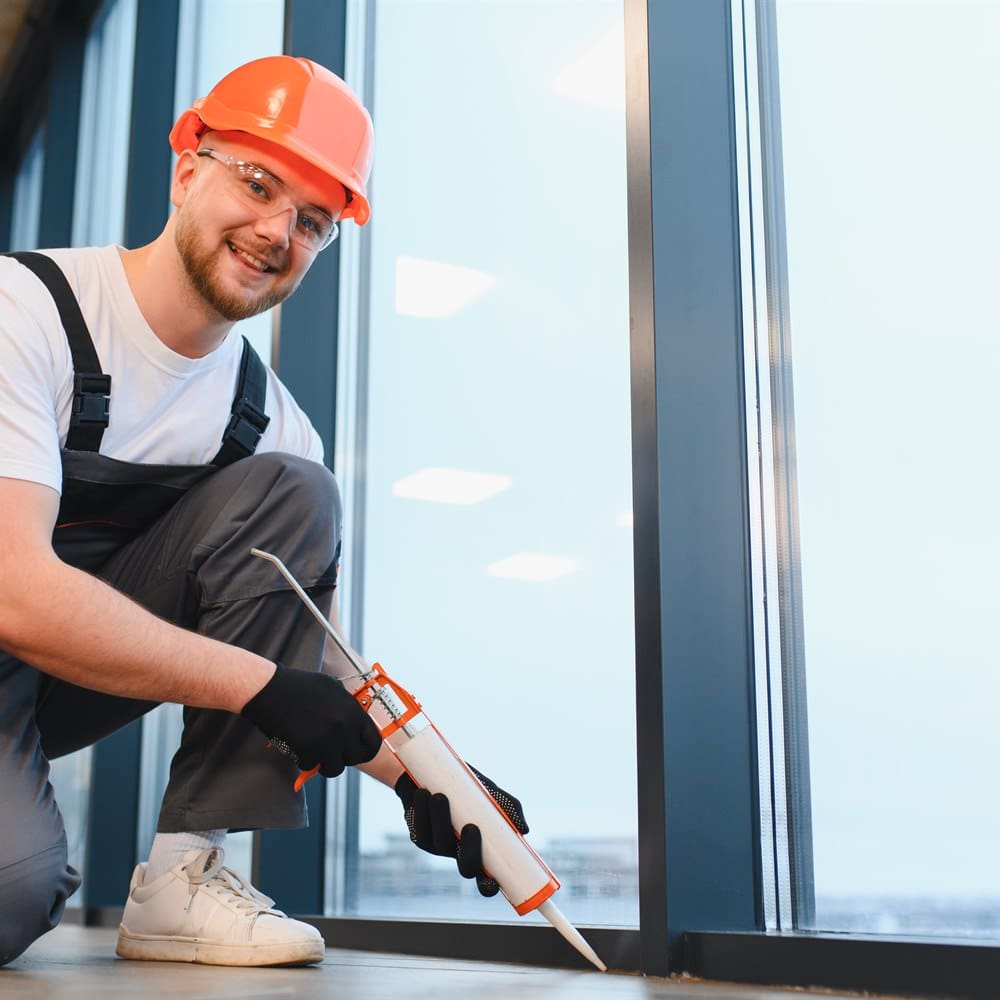 Smiling construction worker using caulking gun