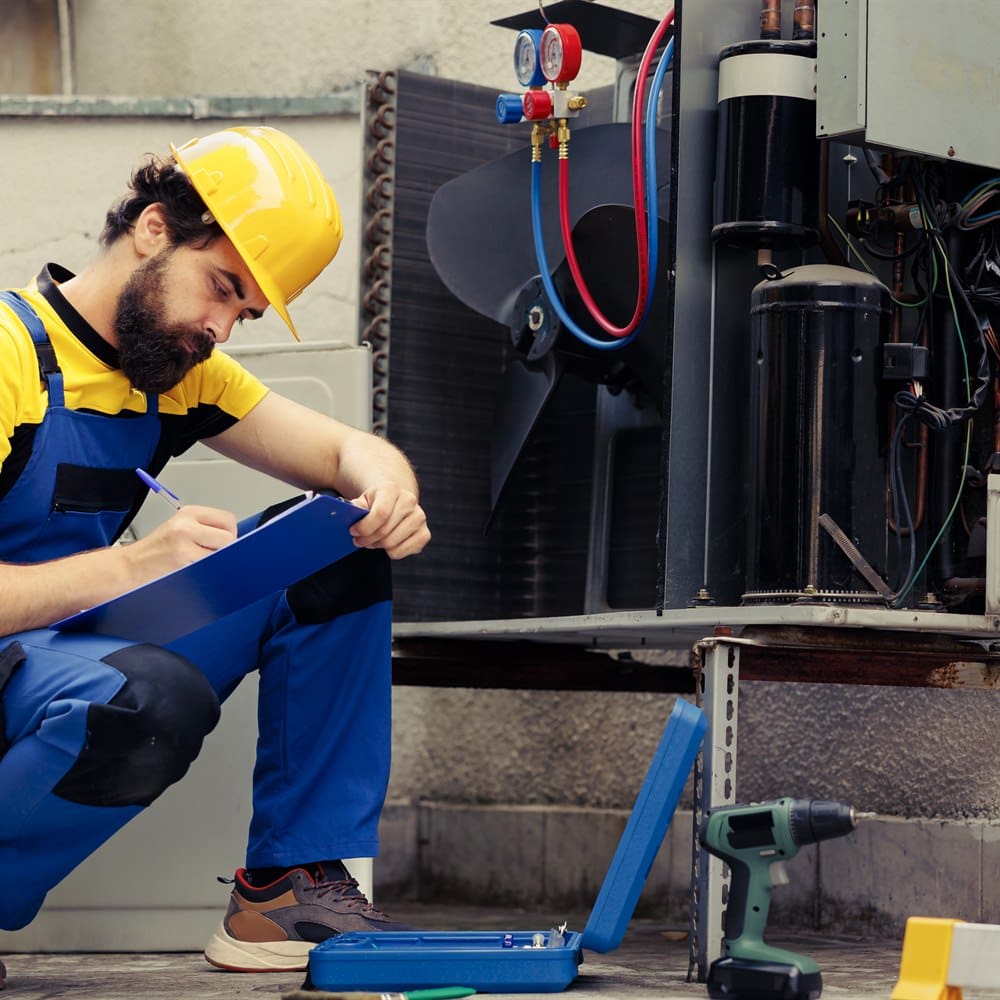 Technician inspecting air conditioning system
