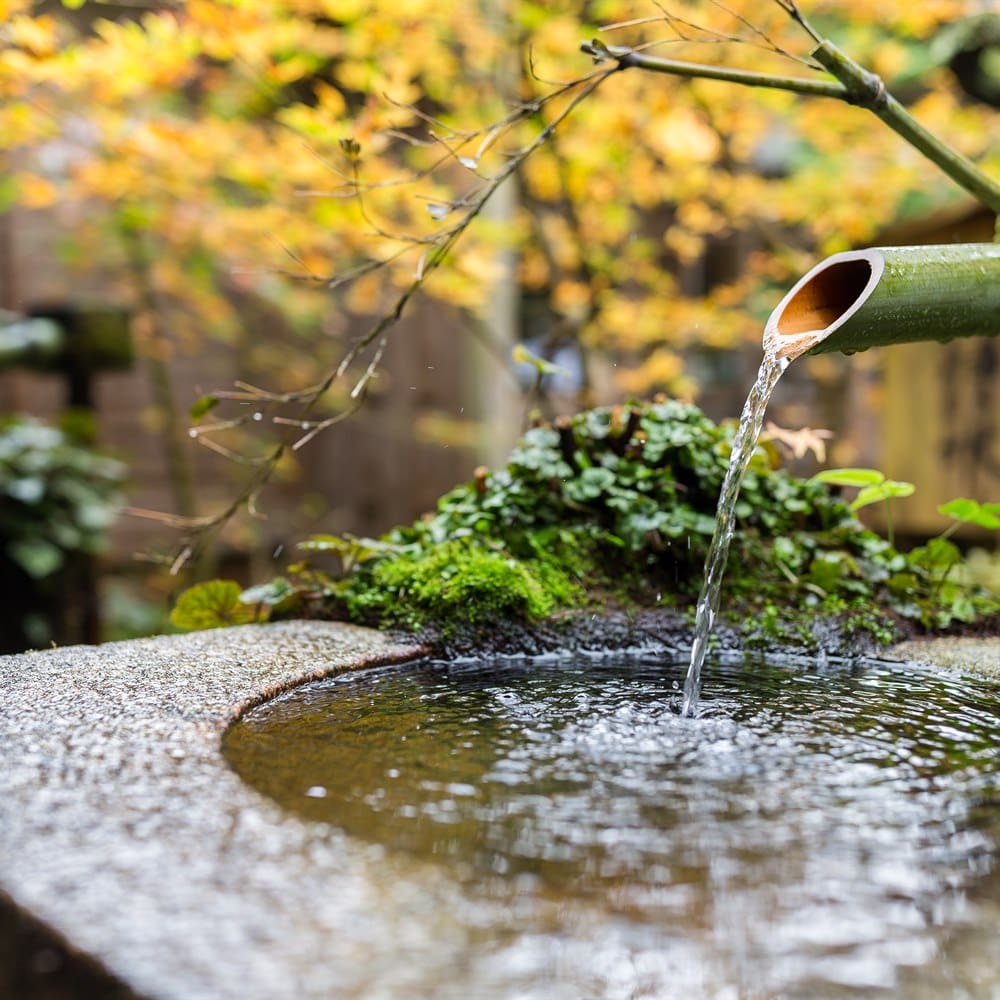 Water flows into a stone basin in nature